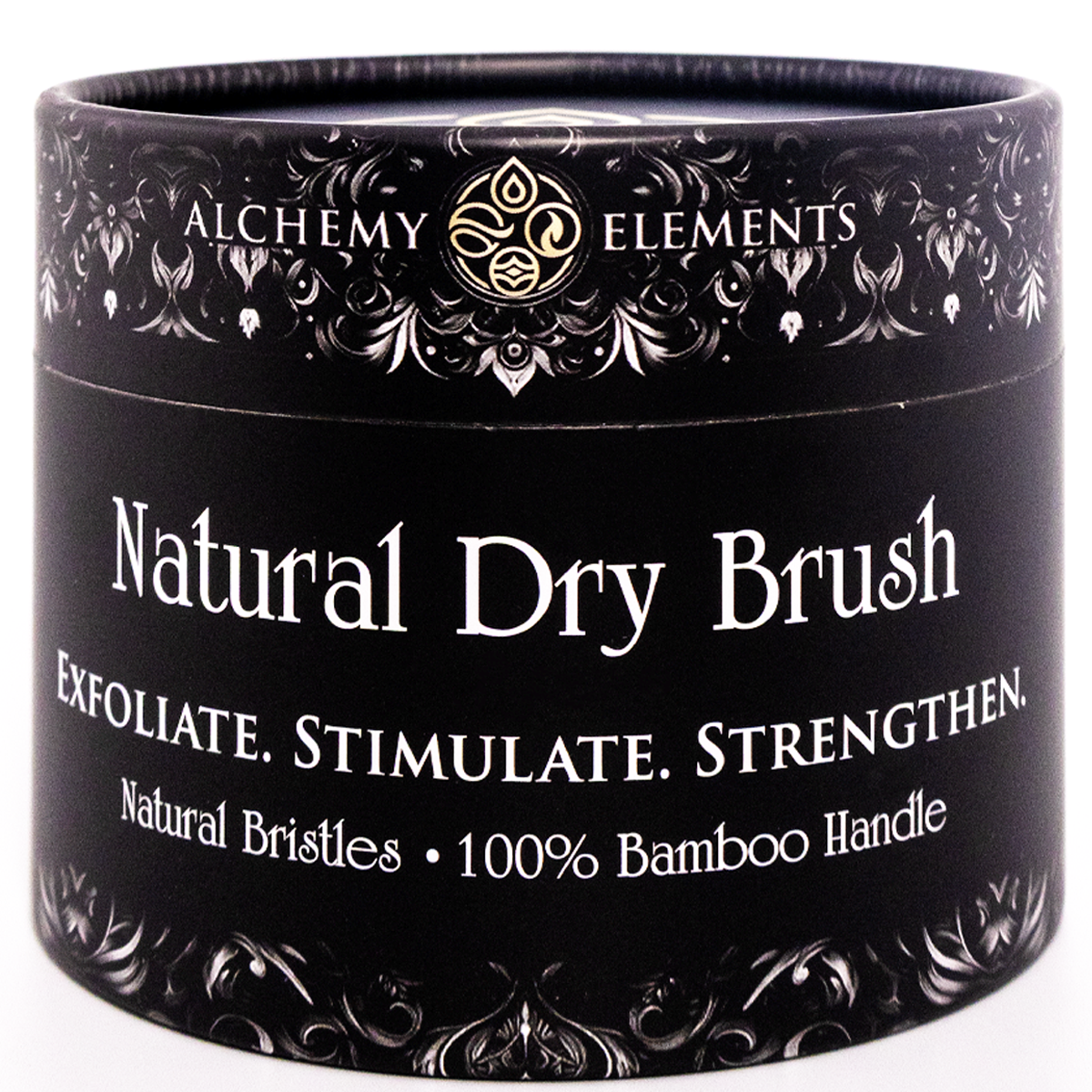 Black container of Alchemy Elements Natural Dry Brush with decorative design